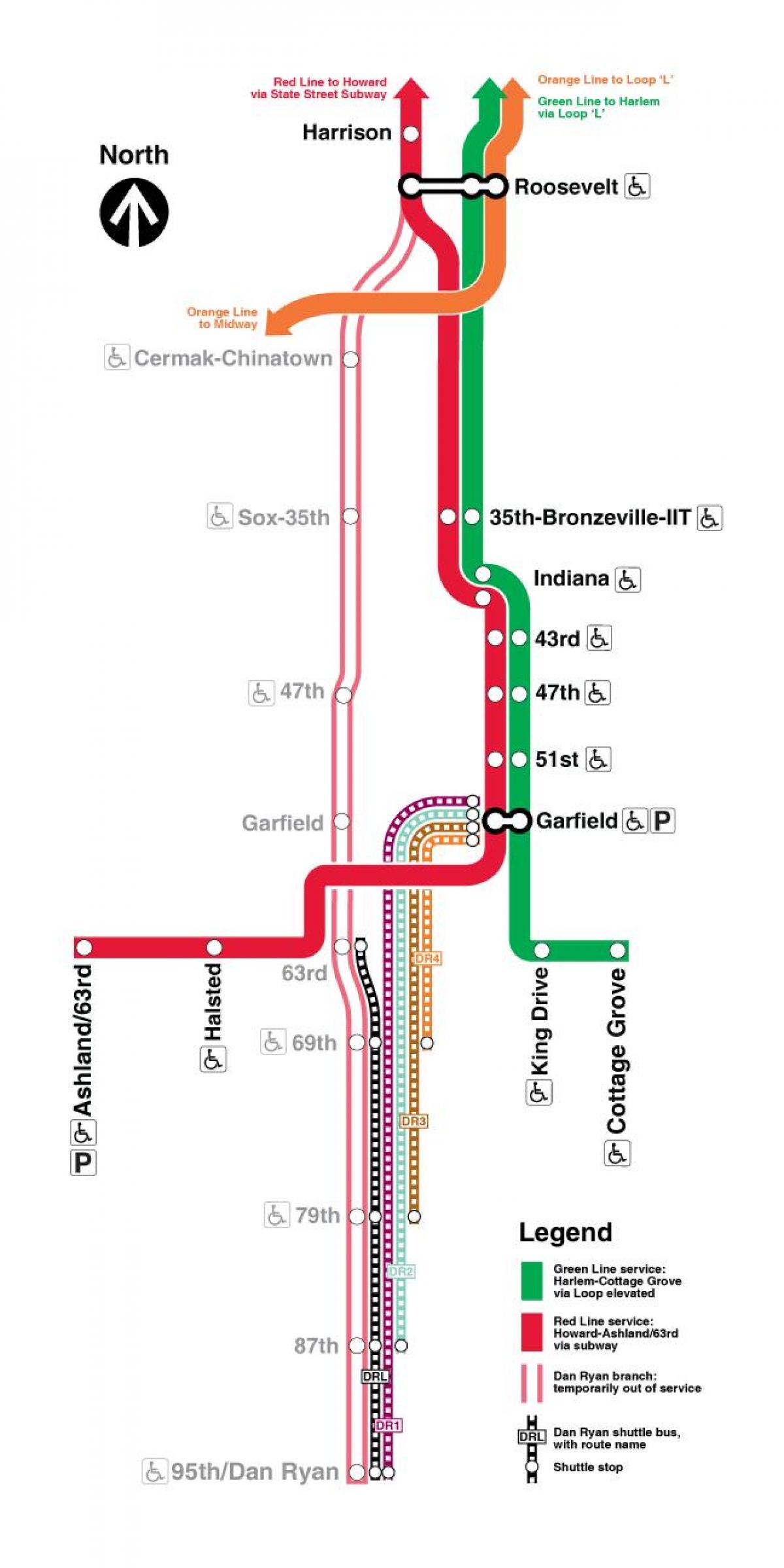 Čikagos traukinyje žemėlapyje raudona linija