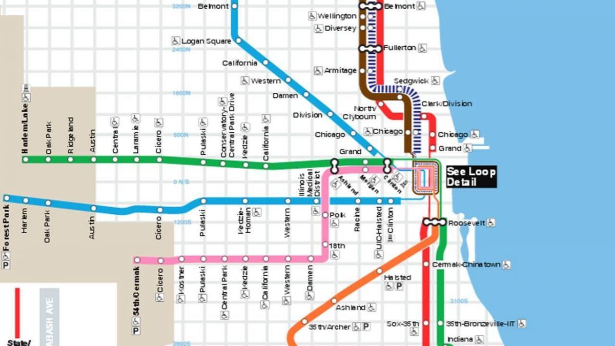 žemėlapis Čikagos mėlyna linija